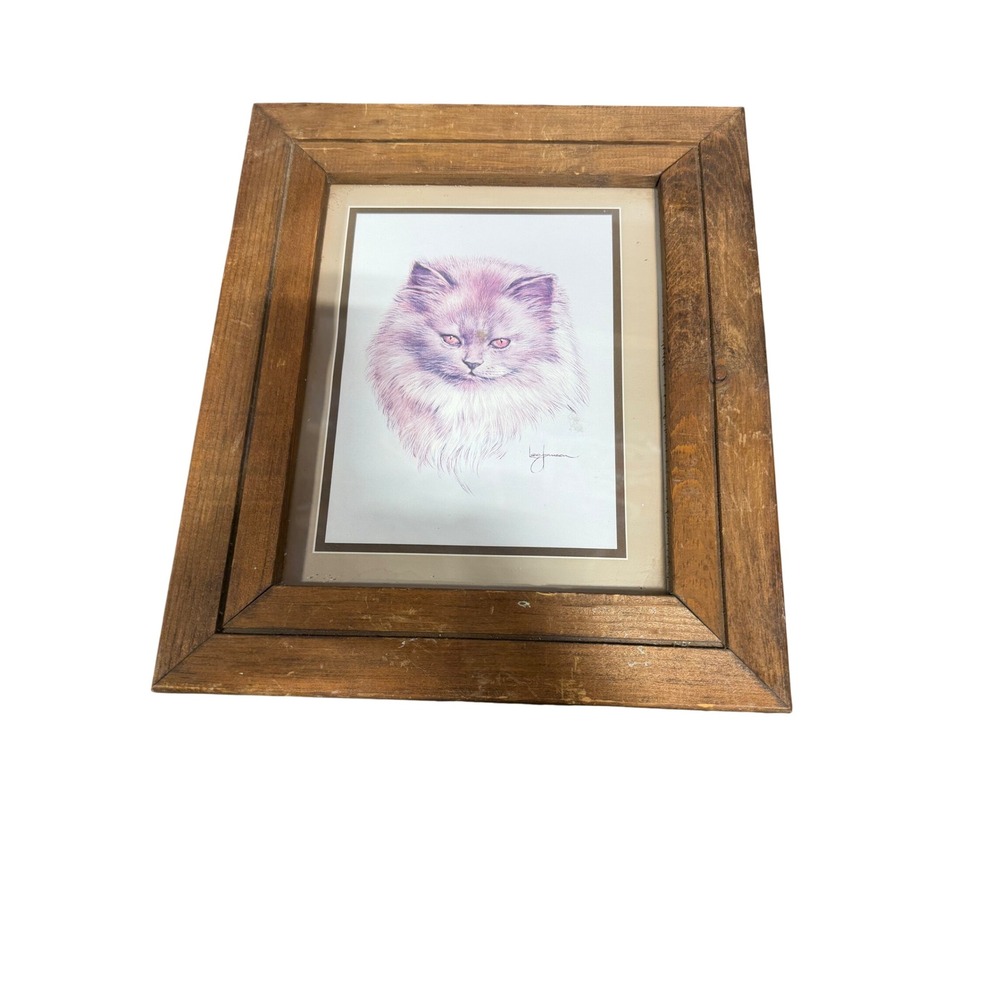 Vintage Kay Jensen Persian Cat Lithograph Print Framed Wood Wall Art Purple Pink